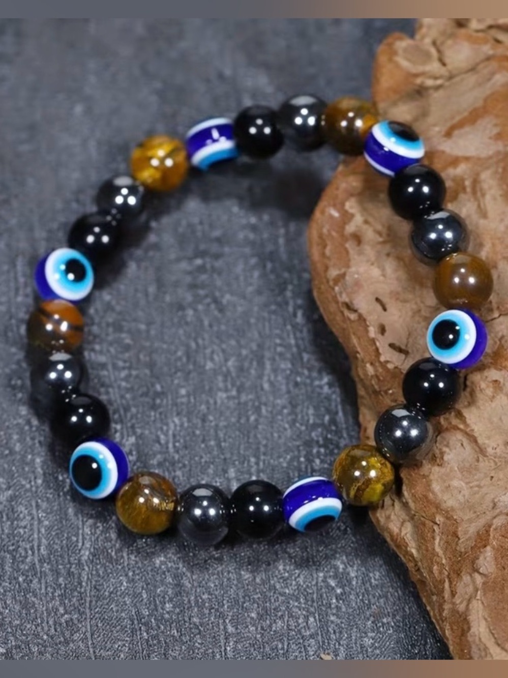 Tiger Eye & Evil Eye Stretch Bracelet | Natural Stone | Unisex